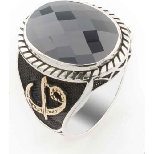 Black Zircon Stone Aleph Vav Silver Men 'S Ring