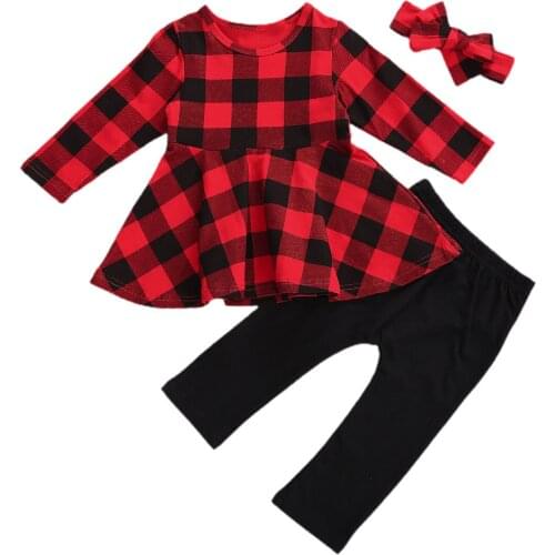 Infant Kids Baby Girls 3Pcs Set Long Sleeve Plaid Tops Dress Shirt Pants Headband Christmas Clothing Suit