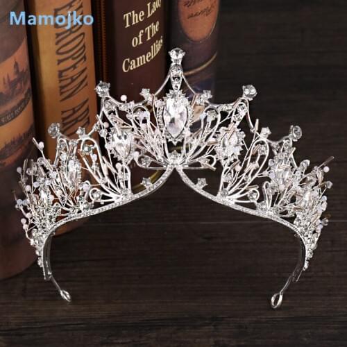Mamojko Baroque Luxury Rhinestone Bridal Crown Tiaras Handmade Silver Crystal Diadem Tiaras for Bride Wedding Hair Accessories