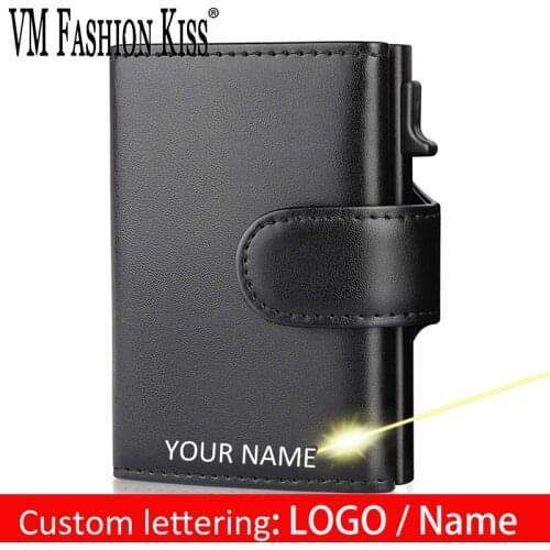 Custom Lettering Multifunctional RFID Blocking Aluminum Credit Card Wallet Trifold Smart Men Wallets Leather With Coin Pocket