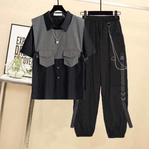 2021 summer male and female student suit version of loose short-sleeved shirt + functional wind vest overalls three-piece suit