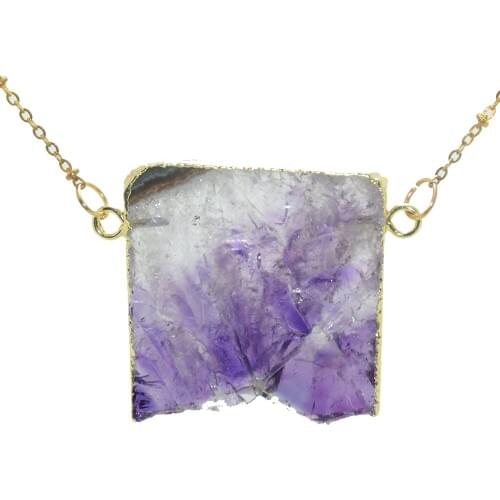 Natural purple crystal quartz rectangle pendant necklace girl gold bezel raw geode druzy stone connector necklace for men party