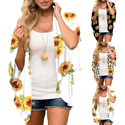 2021 New Blue Womens Fashion Cover-ups Chiffon Printed Cardigan Loose Plus Size Beach Cover-ups Soft Туника Женская Пляжная