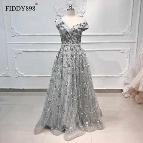 Luxury Evening Dress 2020 A-Line Off the Shoulder Lace Beaded Formal Evening Gown Silver-Blue Crystal Party Gown Robe de Soiree