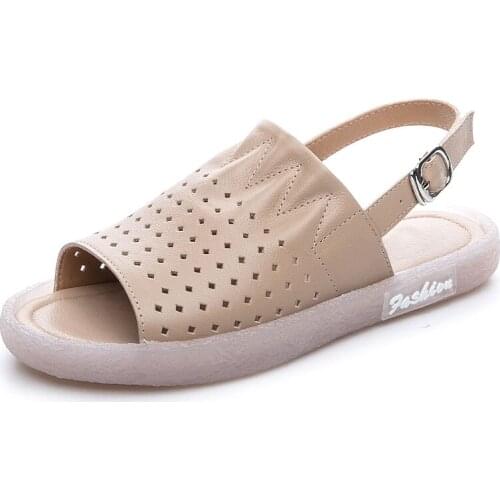 Fashion Women Sandals 2021 Summer Open Toe Genuine Leather Soft Bottom Outside Flat Sandals Ladies Buckle Strap Slingback Shoes