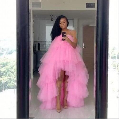 Chic Hi Low Tulle Women Dress To Party Dresses Puffy Tiered Pretty Tulle Dressing Pink Elastic Neckline Tutu Women Clothing