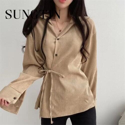 Sungtin Elegant 2021 Summer Lace Up Corduroy Blouse Retro Sashes Womans Shirt Vintage Lapel Blouse Korean Tops Corduroy Vintage