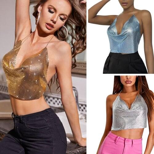 Women Halter Sexy Camisole Shiny Top For Summer Sleeveless V Neck Casual Backless Tank Tops Female Solid Color Vest Блестящий