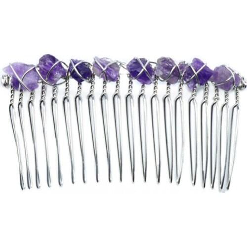 FYJS Unique Silver Plated Wire Wrap Irregular Shape Natural Amethysts Stone Hair Jewelry