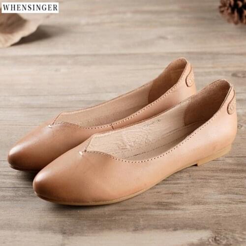 Whensinger - Women Flat Shoes loafers Genuine Leather Casual Retro art Flats Shoe Comfortable Driving shoes Ventilation