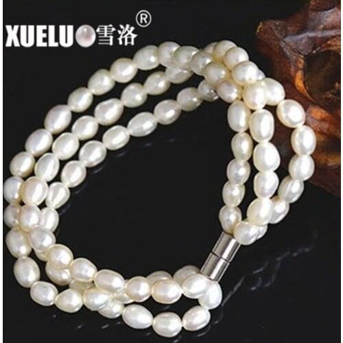 XUELUO Triple Strands 3-4mm Trendy Oval Shape Natural White Fresh water Pearl Bracelet
