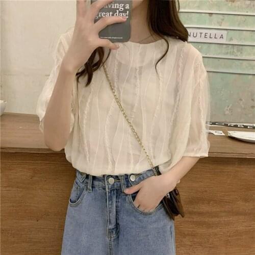 Temperament Round Neck Short-sleeved Chiffon Shirt Womens Summer New Korean Style Loose and Thin All-match Casual Top