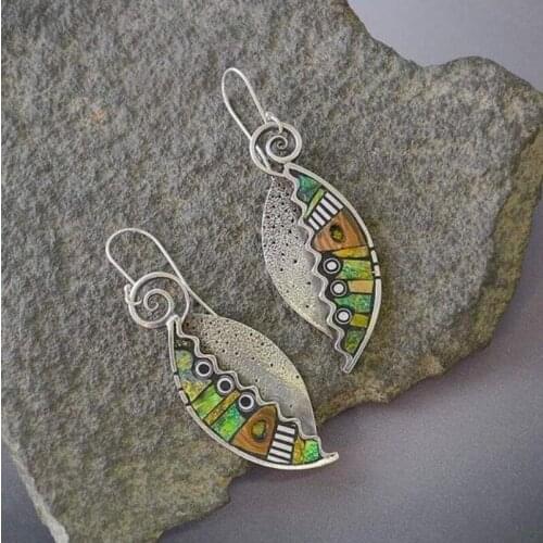 Womens Fashion Silver Long Drape Abstract Iridescent Green Leaf Earrings with Artificial Wood and Serrated Inlaid Beads