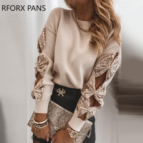 Solid Sequin Bowknot Cut-out Long Sleeve Sweater Women Top