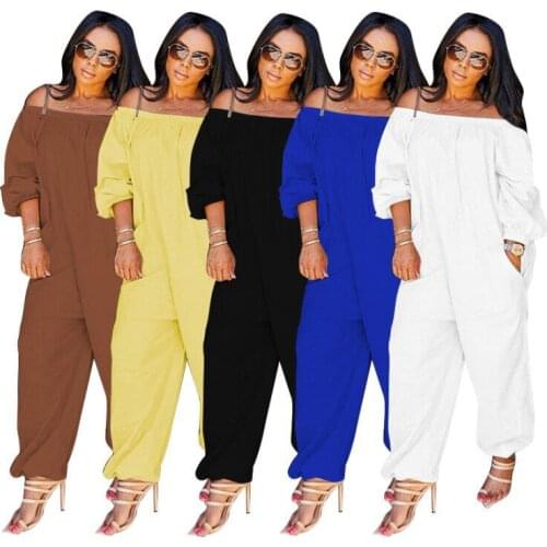 Casual Women Solid Loose Jumpsuits Lady Comfortable Home Wear Slash Neck Full Puffy Sleeve Ankle Banded Rompers 2020 Autumn Hot