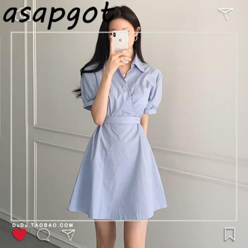 Chic Korean Summer New Retro Slim Bandage Turn Down Collar Striped Shirt Dress Women Short Puff Sleeve Casual Vestidos Bow