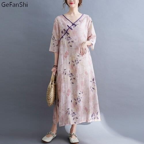2021 New Cotton Linen Beach Dress Summer Plus Size Fashion Print Vintage Long Women Dress Casual Half Sleeve V-Neck Dresses