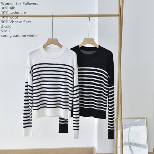 Naizaiga 30% silk cashmere blending white black striped long Sleeve O-neck Pullovers Women Sweater PRFS164