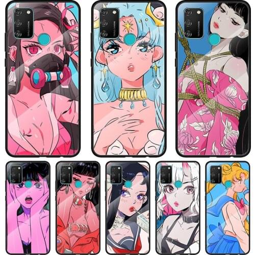 Anime Aesthetic Girl Tempered Glass Cover For Honor 30 20 10 9X 8X Pro Plus Lite Silicone Phone Case Coque