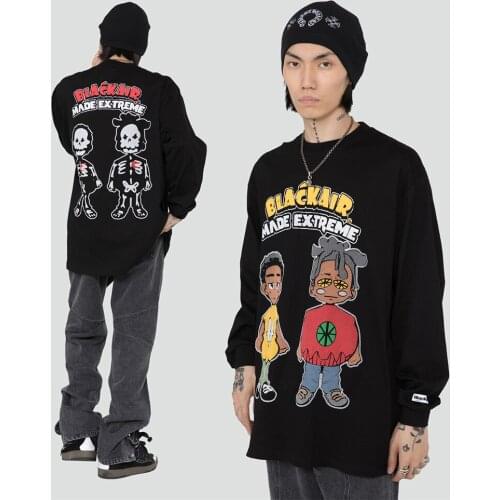 High Street Vibe Style Cartoon Letter Print Tshirts for Men and Women Oversize Retro Long Sleeve Casual T-shirt