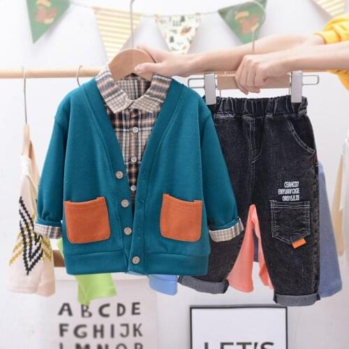 New Spring Autumn Children Kids Clothes Baby Boys Girls Solid Sweater blouses Jeans 3 Pcs/sets Toddler Infant Cotton Clothing