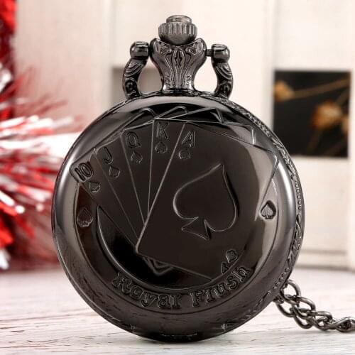 Poker Exquisite Pocket Watch Royai Fiush Black Cover Poker Stars Roman Numerals Dial Alloy Pendant Slim Chain Gift For Friend