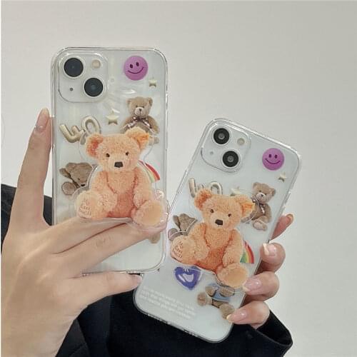 ZUIDID Cartoon 3D Bear Phone Case For iPhone 11 12 Pro XS MAX SE20 XR X 7 8Plus Grip Stand Back Cover Soft Silicone Grid Coque