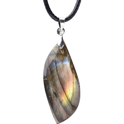Fashion Simple Labradorite Leaf Shape Pendant Natural Quartz Healing Stone Unisex Mineral Jewelry Amulet Necklaces Free Chain