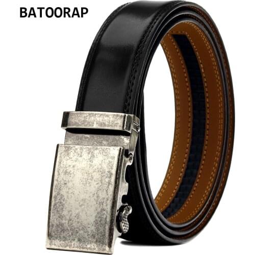 BATOORAP Men Belts Genuine Leather High Quality Casual Vintage Metal Buckle Automatic Black Cowhide Trouser Belt For Men WL-E040
