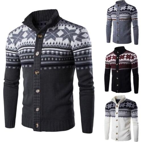 Mens Cardigan Sweaters Autumn Warm Christmas Sweater Men Fashion Printed Jacket Coat Casual Stand Collar Knitting