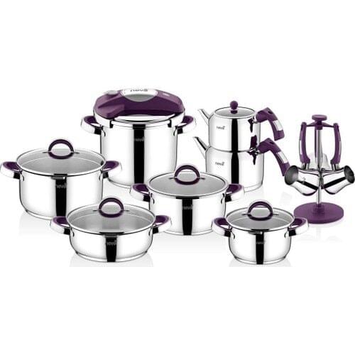 Neva N2440 18 Piece Lotus Steel Cookware Teapot Coffee Pot Set Purple 18/10 Stainless Steel Inox Made in Turkey