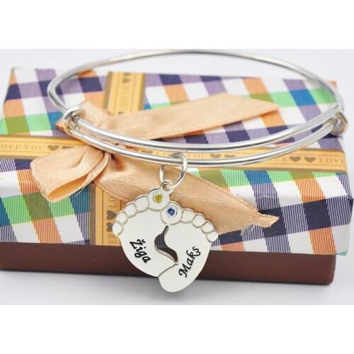 Solid Baby Feet Bangle Engraved Name Custom Birthstone Adjusted Wire Bangle Personalized Mom Gift