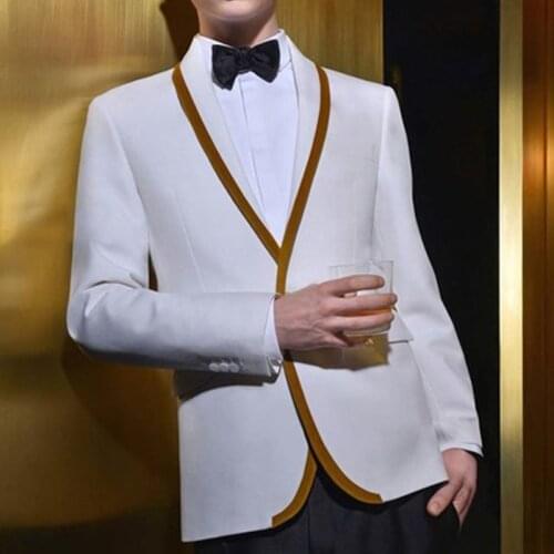 Jacket+Pants) White With Gold Trim Lapel 2 Piece Groom Tuexdos For Wedding Formal Prom Suit Party Evening Blazer Custom Made