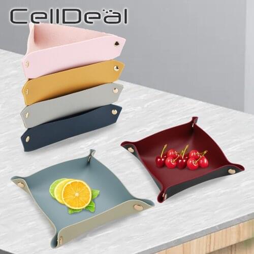 Folding Square Triangle Tray PU Leather Storage Trays Home Decoration Key Wallet Makeup Desktop Folding Table Storage Box
