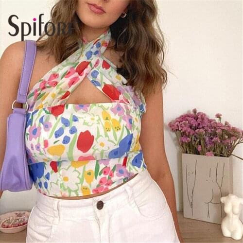 Spifore Boho Floral Crop Top Summer Print Sexy Halter Backless Women Tops Fashion Off Shoulder Party Club Clothes