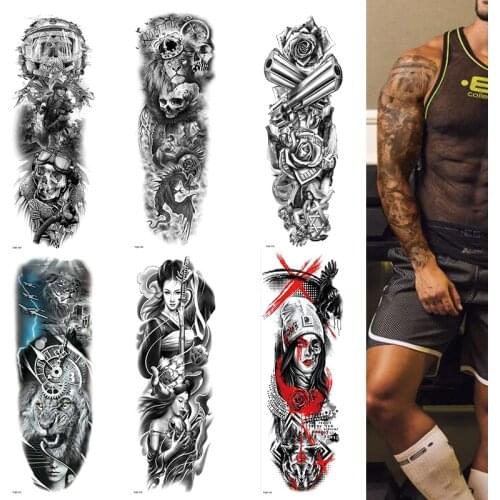 Temporary Tattoo Sleeve Arm Death Skull Clock Cross Black Waterproof Mens Womens