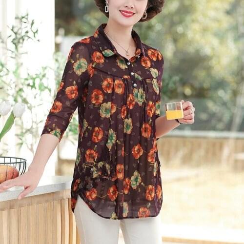 2021 Womens Chiffon Blouses Casual Turndown Collar Floral Women Clothing Three Quarter Sleeve Printed Shirt Womens Tops X108