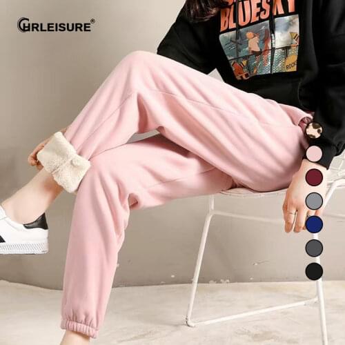 CHRLEISURE Fashion Women Winter Warm Long Pants Fleece Thick Leggins Mujer Solid Plus Size Elastic Lace-up Casual Sweatpants