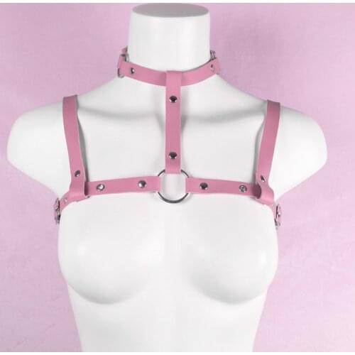 Sexy Leather Suspenders Sword Belt Pink Harness for Women Necklace Punk Gothic Body Straps Chest Bondage Adjustable Rave Clothes
