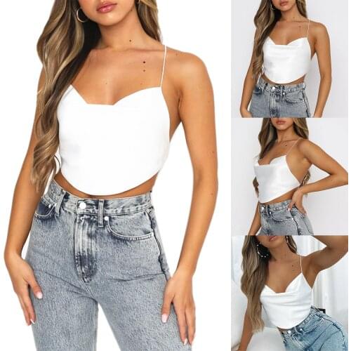 Womens Fashion Solid Color Sexy Tube Top Small Sling Satin V-Neck Small Vest White