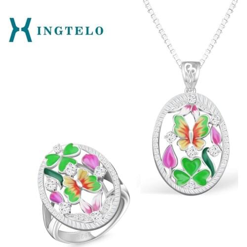 XINGTELO Women Silver Ring Pendant and Chain 925 Sterling Silver Jewelry Set Enamel Flower Sweet Jewelry for Girls