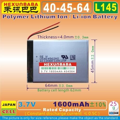 2pcs [L145] 3.7V 1600mAh [404564] Polymer lithium ion / Li-ion battery for MP3,MP4;SPEAKER,bluetooth,GPS,toy,smart watch,mp5