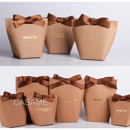6pcs Black White Kraft Paper Bag Bronzing French "Merci" Thank You Gift Box Package Wedding Party Favor Candy Bags with Ribbon