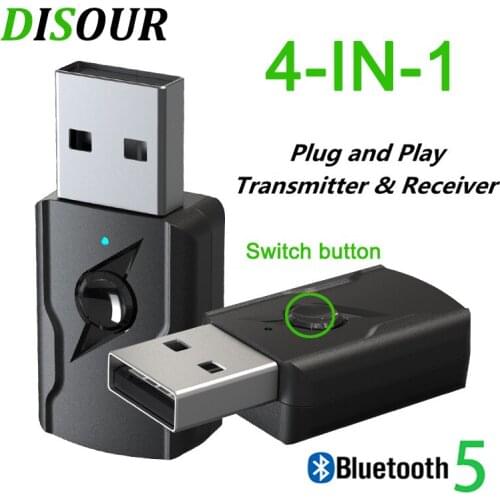 DISOUR 4 in 1 USB Bluetooth Transmtitter & USB Bluetooth Audio Receiver 3.5 mm Aux Stereo 5.0 Wireless Adapter For PC TV Car Kit
