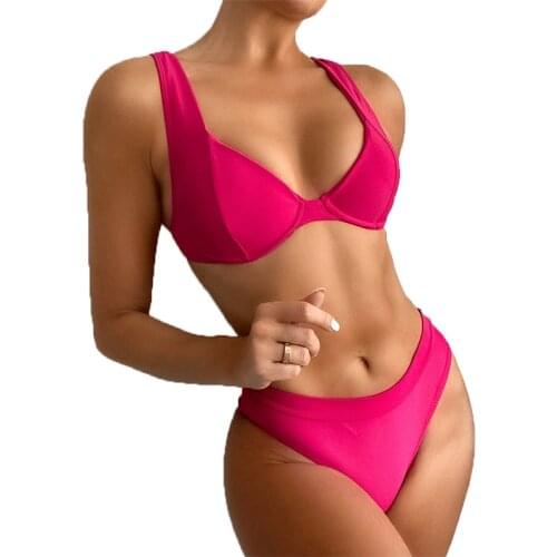 QINJOYER Underwire Bikini Push Up Swimwear Women 2 Pieces Swimsuit Thong Bikini Bathing Suits Women Solid Swimsuit Halter Bikini