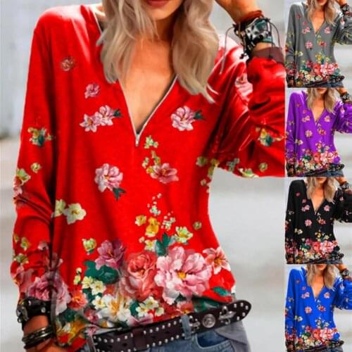 Blouse Floral Print Long Sleeve Top Women Zipper V Neck T-shirt Pullover for Spring/Summer Elegant Zip Pullover TopWith LooseFit
