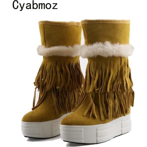 Cyabmoz Winter Snow Boots Height increasing Shoes Women Tassel Genuine Leather Hidden High heels Party Ladies Shoes Platform