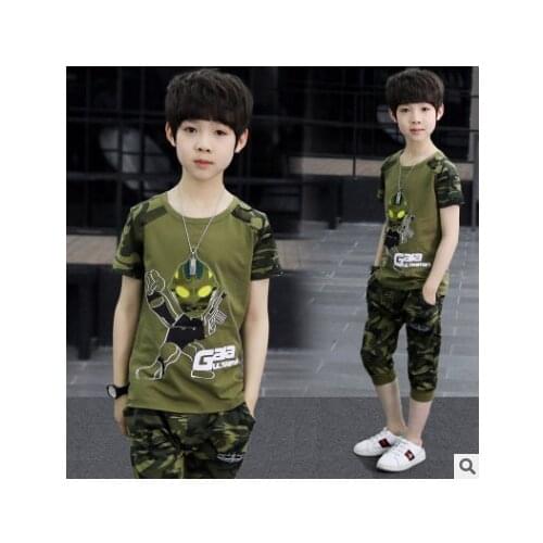 Kids boys short-sleeved suit 2020 new summer childrens cotton casual Camo T-shirt +shorts big baby boy girls clothes 3-13 yrs 5