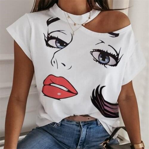 Women Lip Eyelashes Prints T shirt Harajuku Princess Streetwear Short Sleeve Bare Shoulder Female Fashion T-shirt Vogue Kawaii