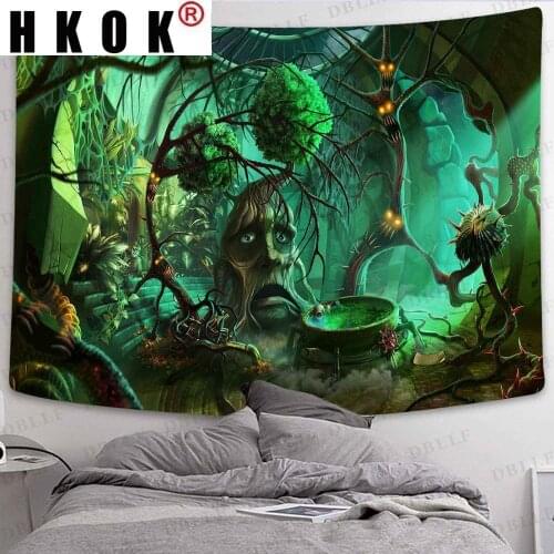 HKOK Fantasy Cartoon Tapestry Fairy Tale Forest Tree River Art Wall Hanging Tapestries for Living Room Home Dorm Decor